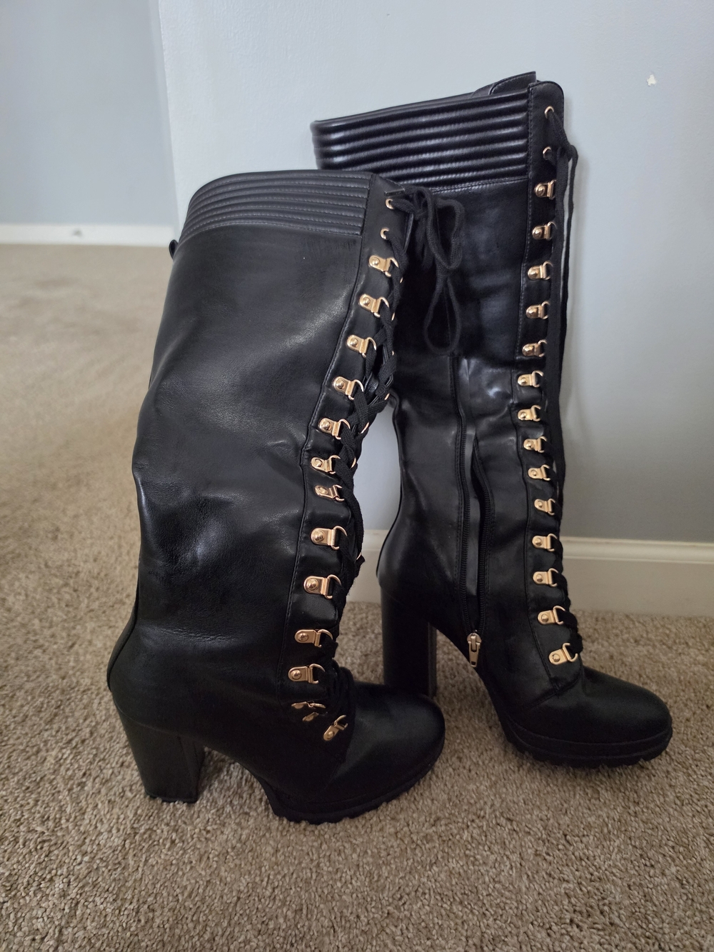 Black Lace-Up High Heel Knee Boots - Women's - Picture 2 of 3